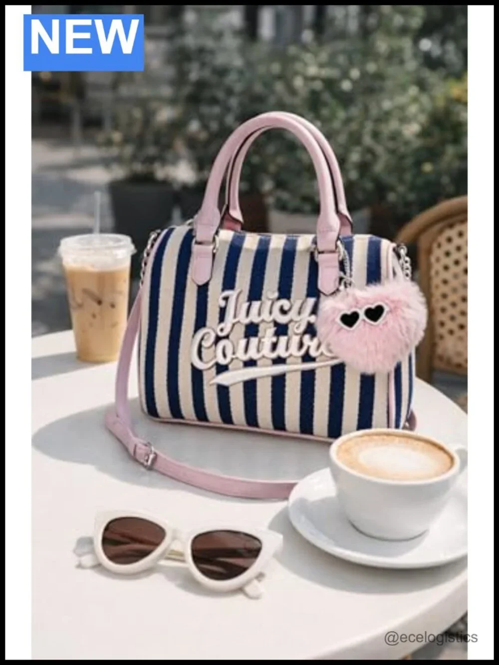 Top Handle Satchel with Crossbody Strap, Embroidered Logo, Pink Pom-Pom Charm